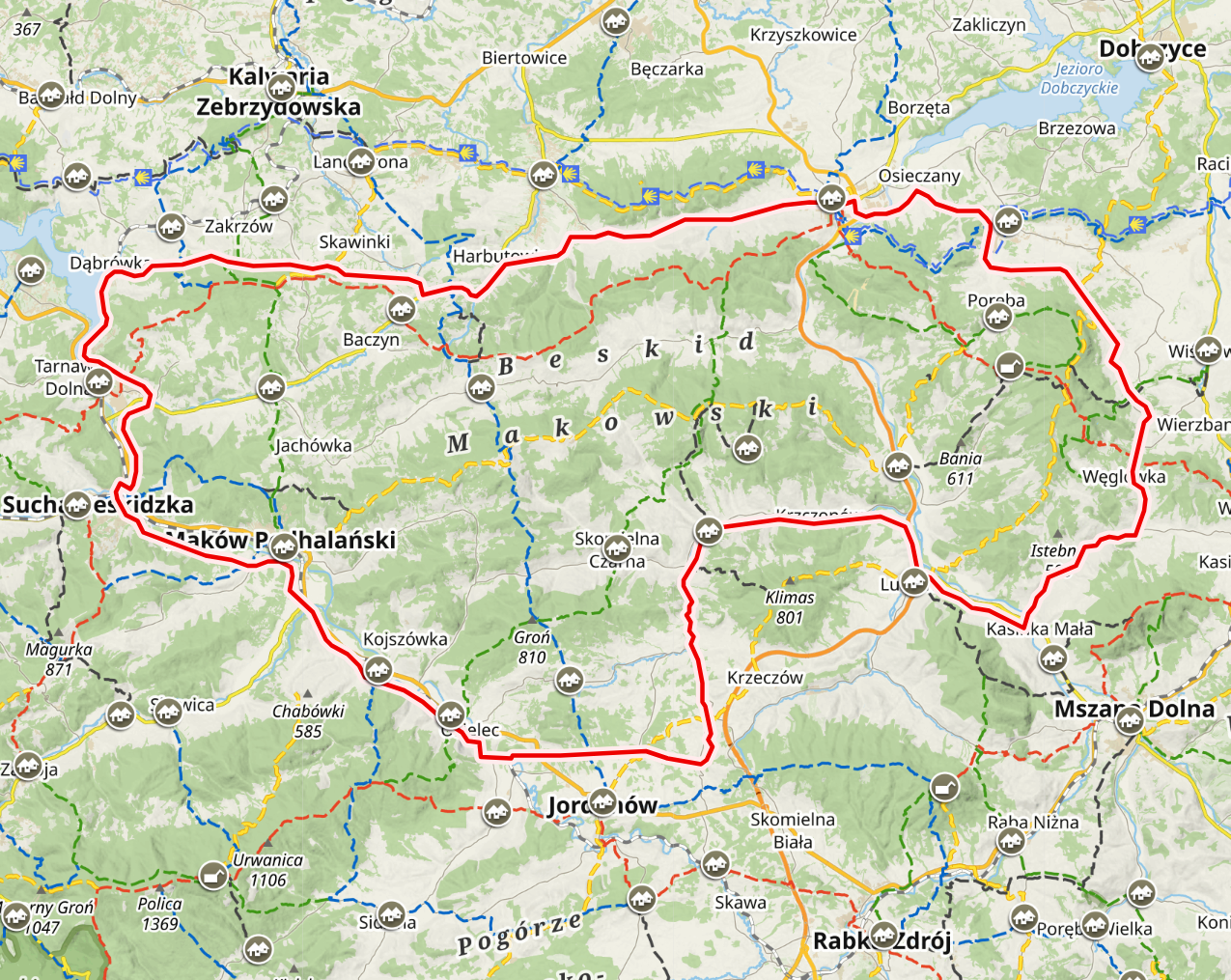 Beskid Makowski na mapa-turystyczna.pl, granice zgodne z oficjalnym podziałem z 2018r.