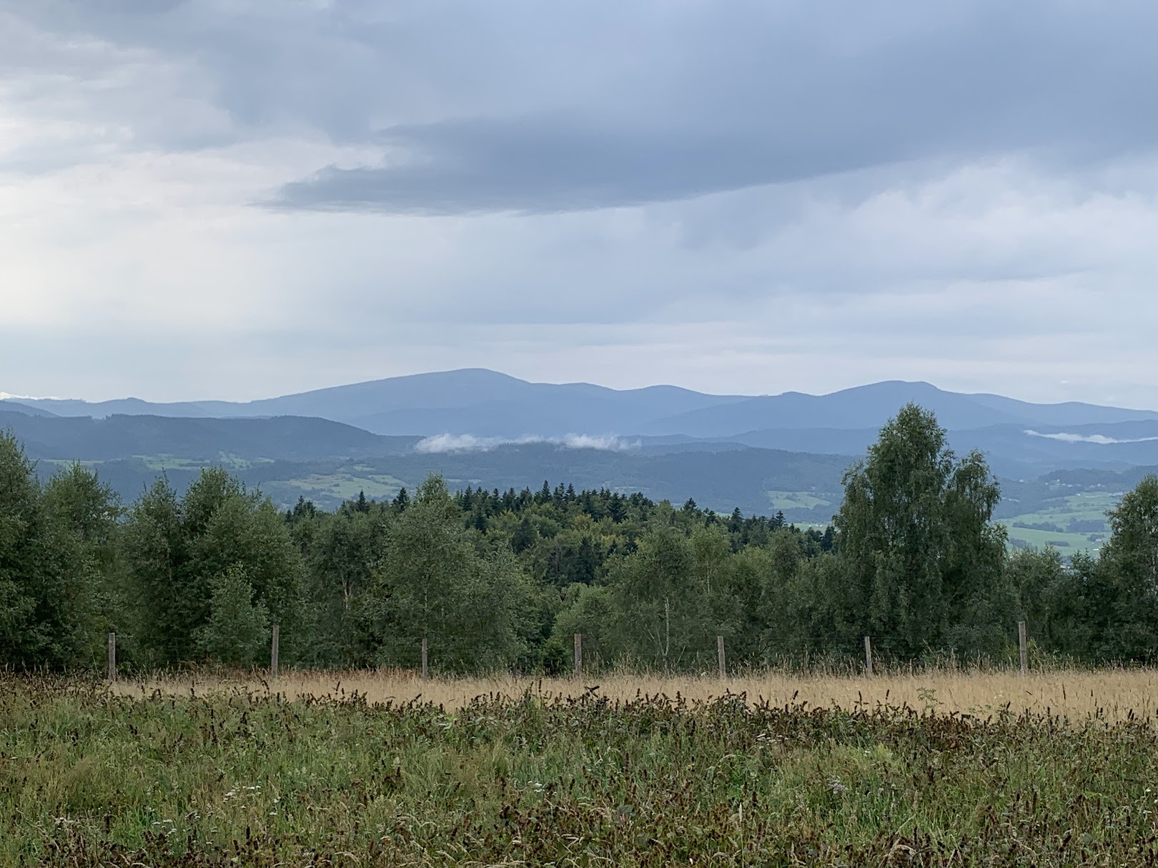 Widok z Łysiny. Dwa najwyższe widoczne szczyty to Polica (z lewej) oraz Jałowiec (z prawej).