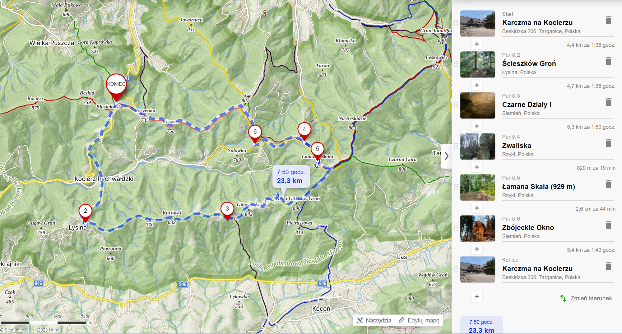 Trasa wycieczki ”skalne atrakcje Beskidu Małego”. 23,3km, 842m podejść.