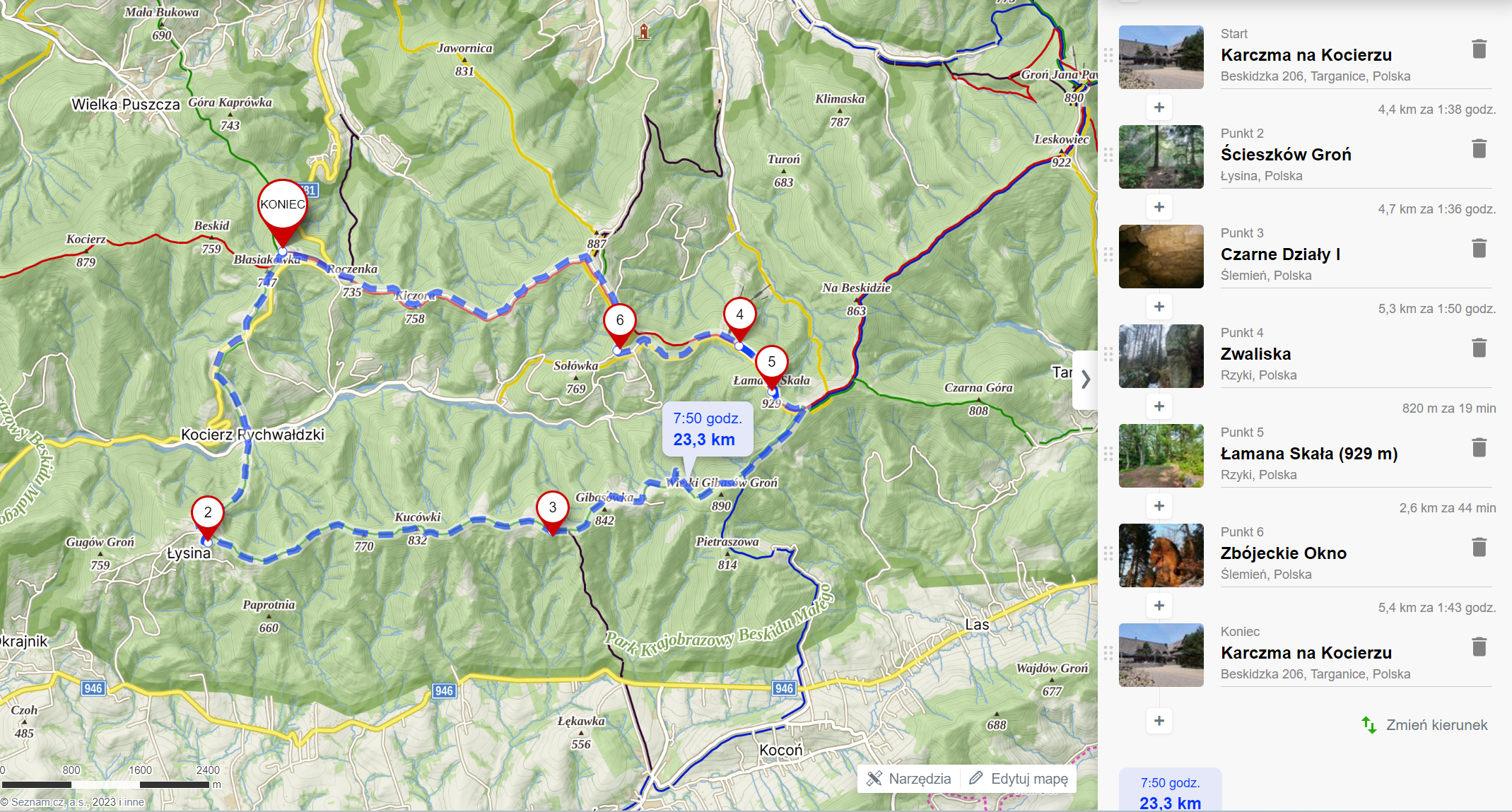 Trasa wycieczki ”skalne atrakcje Beskidu Małego”. 23,3km, 842m podejść.