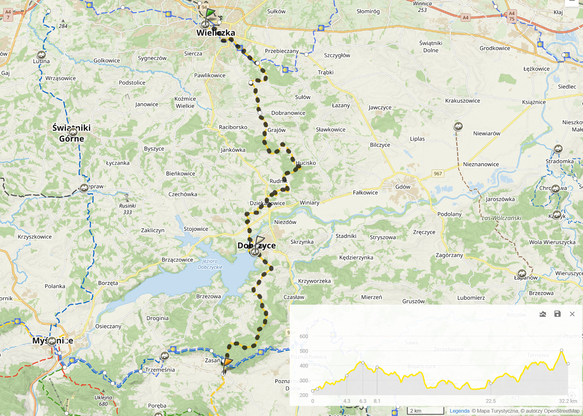 Żółty szlak Wieliczka - pod Beskidami. Dzień 1: Wieliczka - Zasań (32,2km, 993m podejść)
