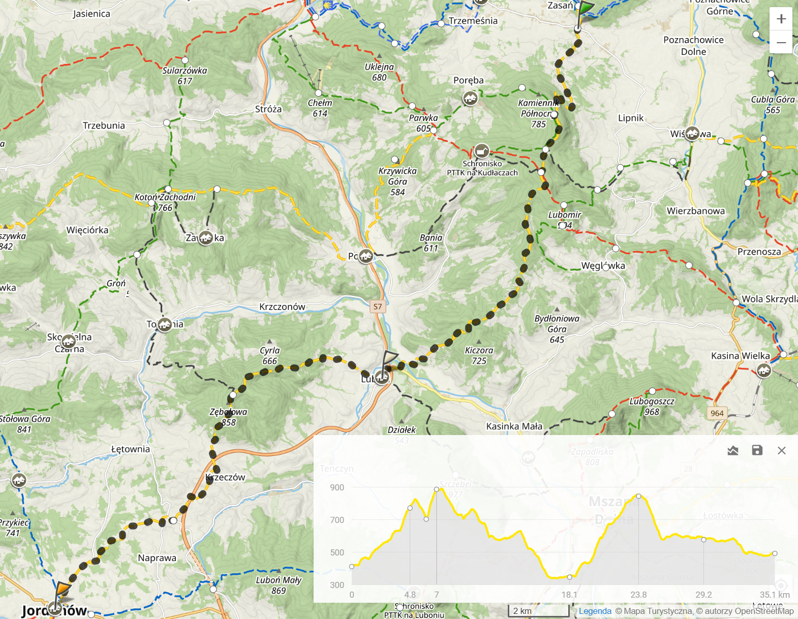 Żółty szlak Wieliczka - pod Beskidami. Dzień 2: Zasań - Jordanów (35,1km, 1415m podejść)