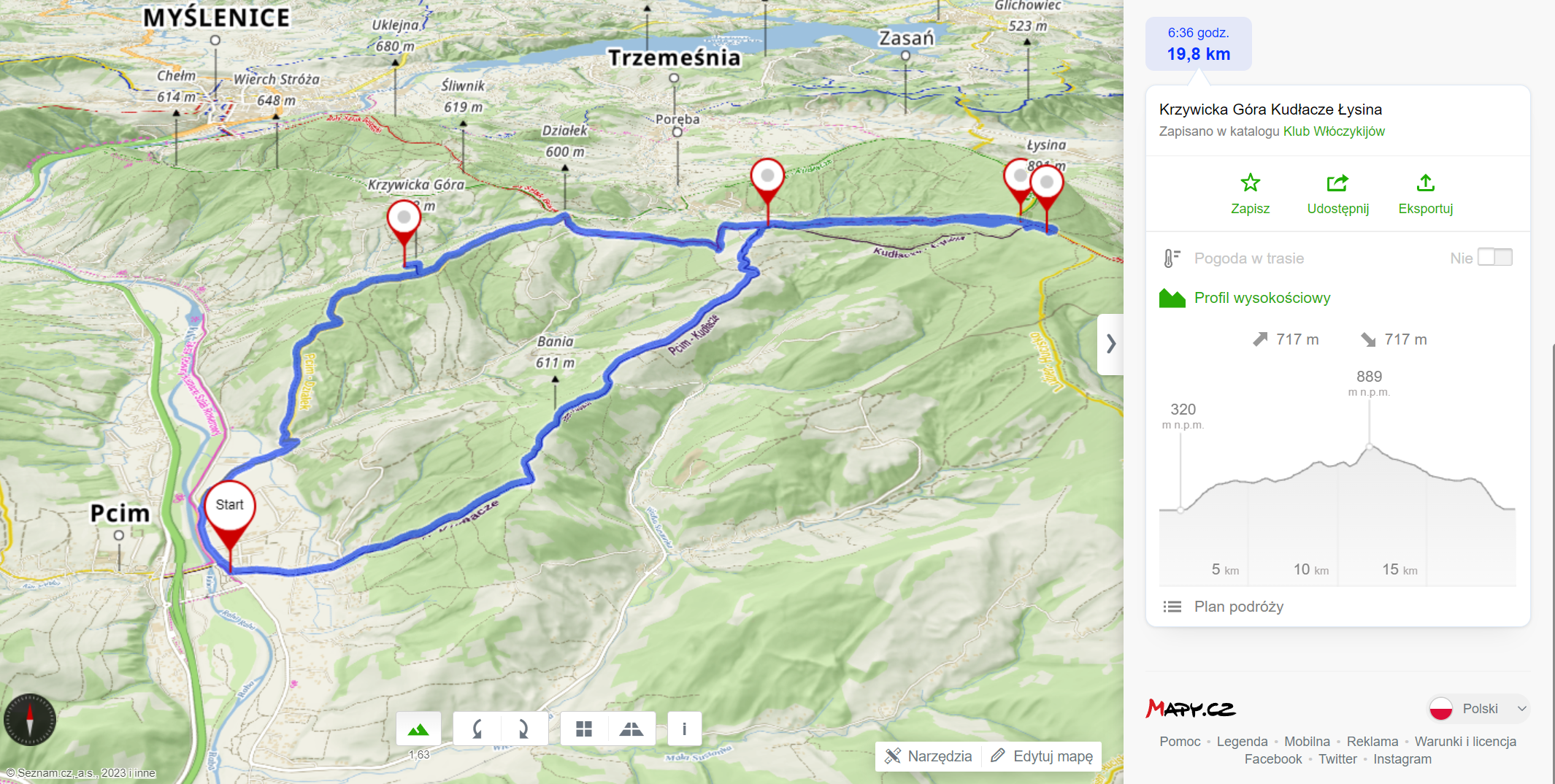 Trasa wycieczki (19,8km, 717m podejść)