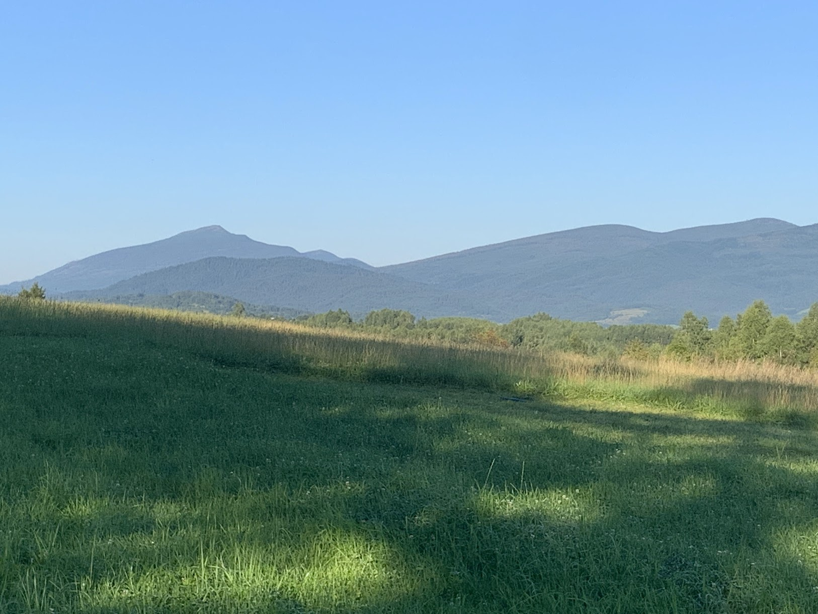 Żółty szlak nad Toporzyskiem - Góra Ludwiki. Od lewej na najdalszym planie najwyższe szczyty to: Babia Góra, Czyrniec, Polica. Góra na tle Babiej to Kiełek.