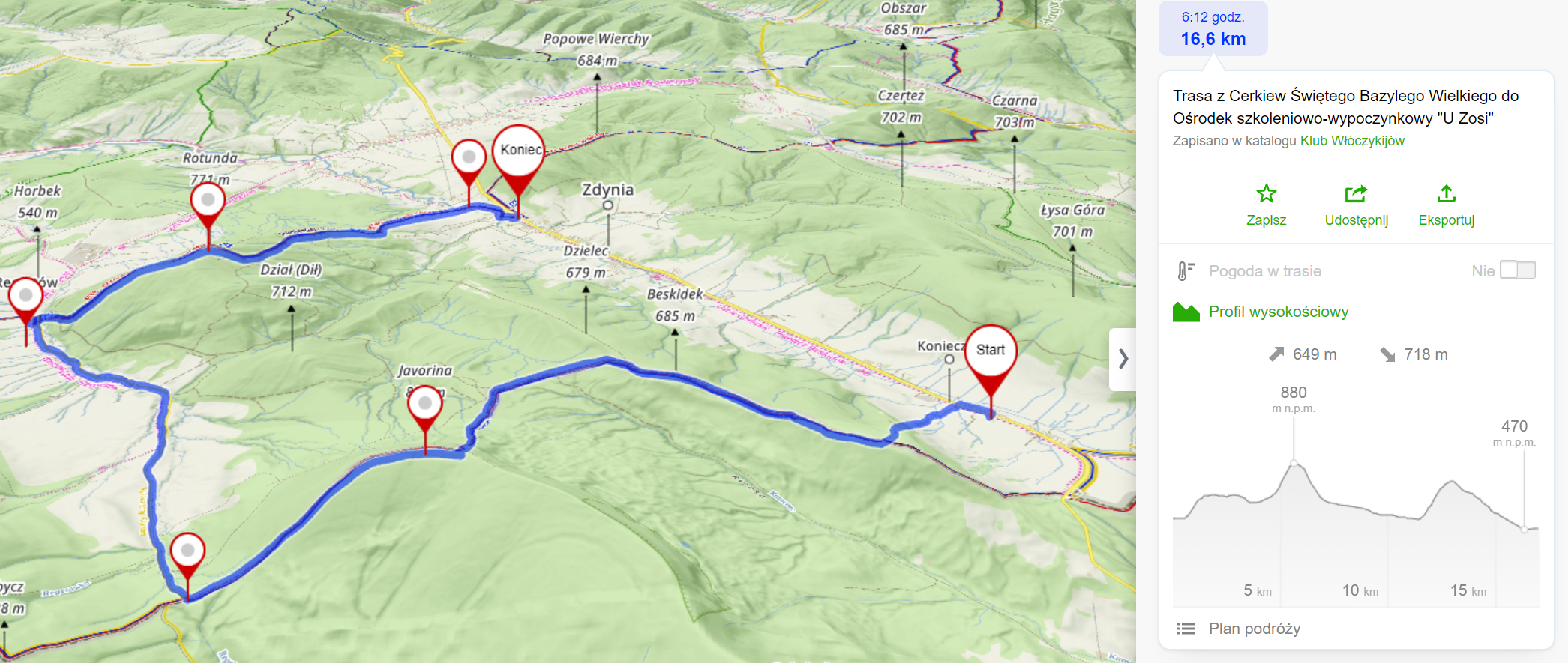 Trasa wycieczki (16,6km, 649m podejść)