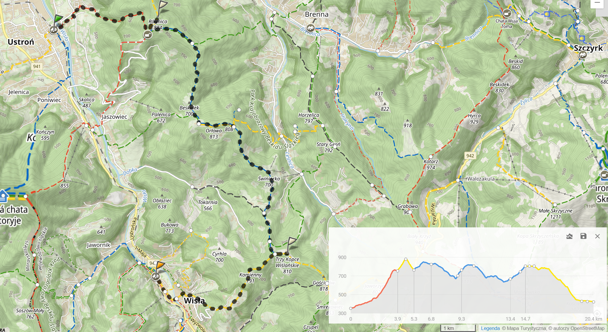 Trasa wycieczki (20.4km, 1017m podejść)