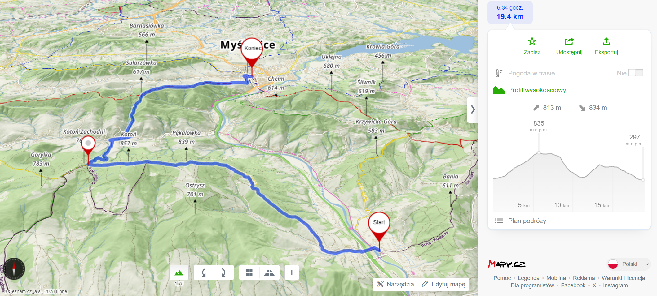 Trasa wycieczki (19,4km, 813m podejść)