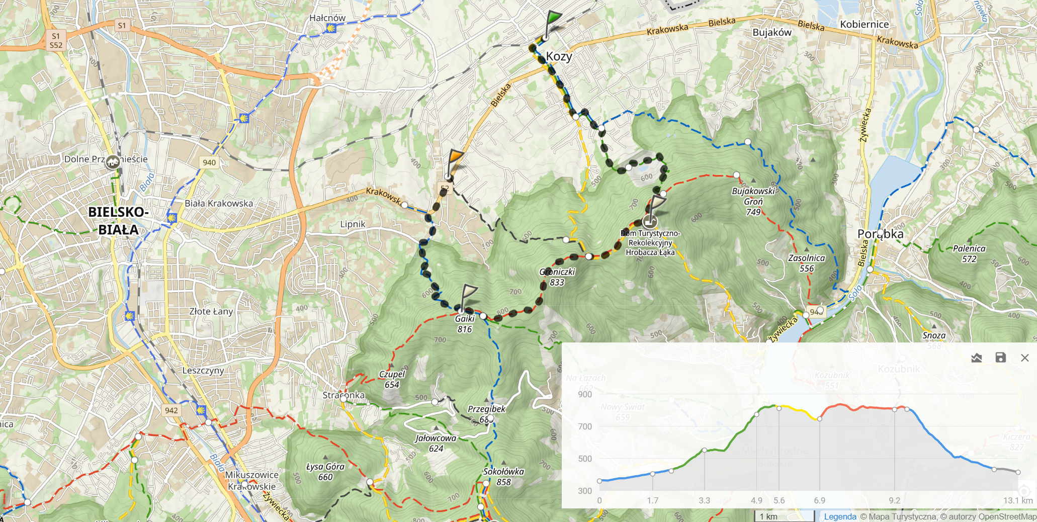 Trasa wycieczki (13km, 622m podejść).