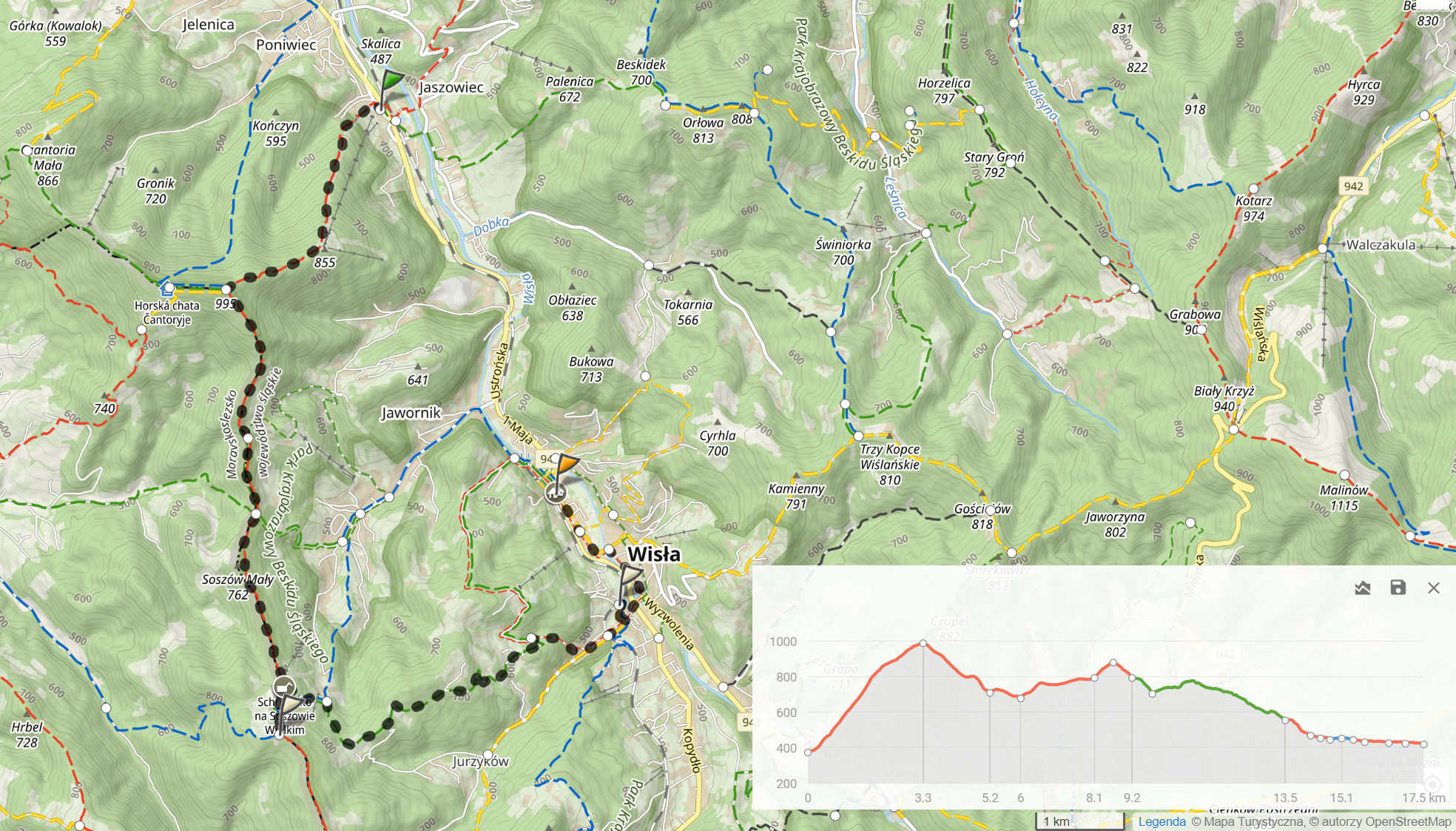 Trasa wycieczki (17,5km, 934m podejść)