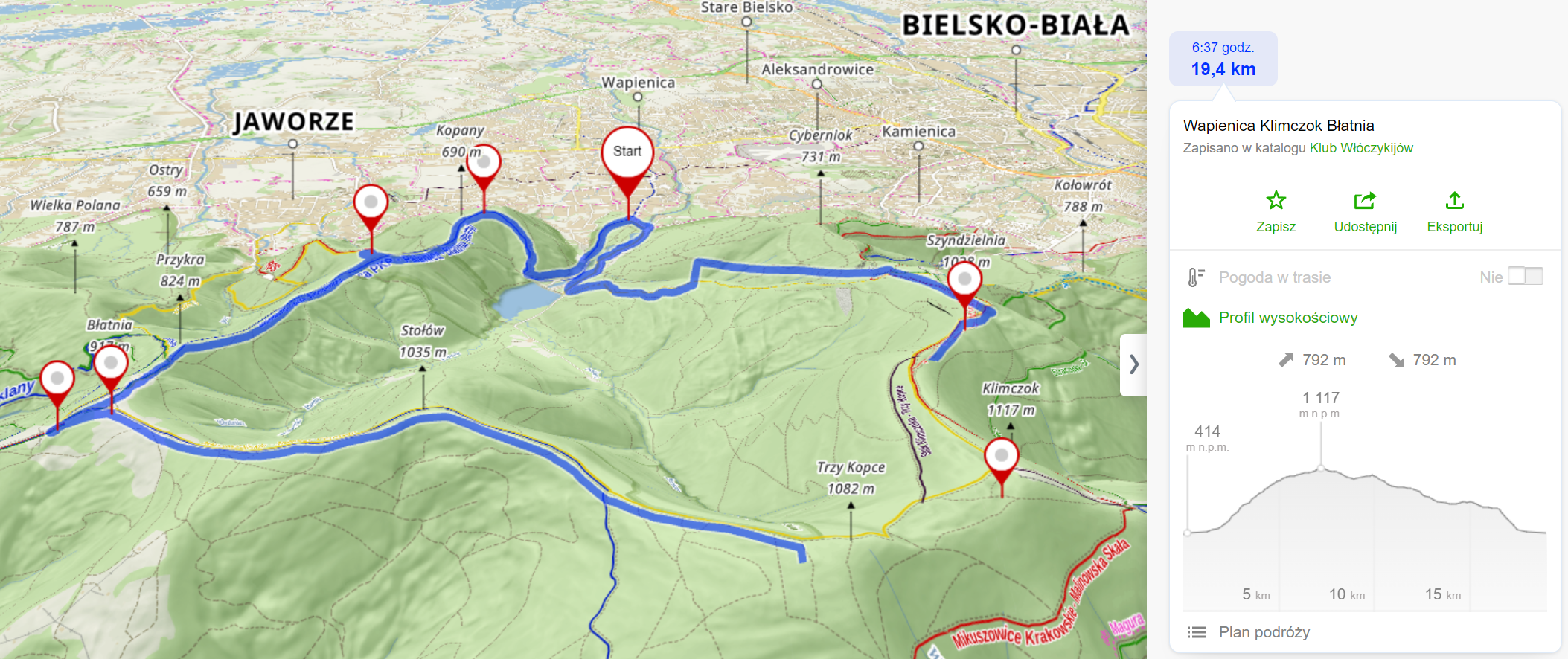 Trasa wycieczki (19,4km, 792m podejść)