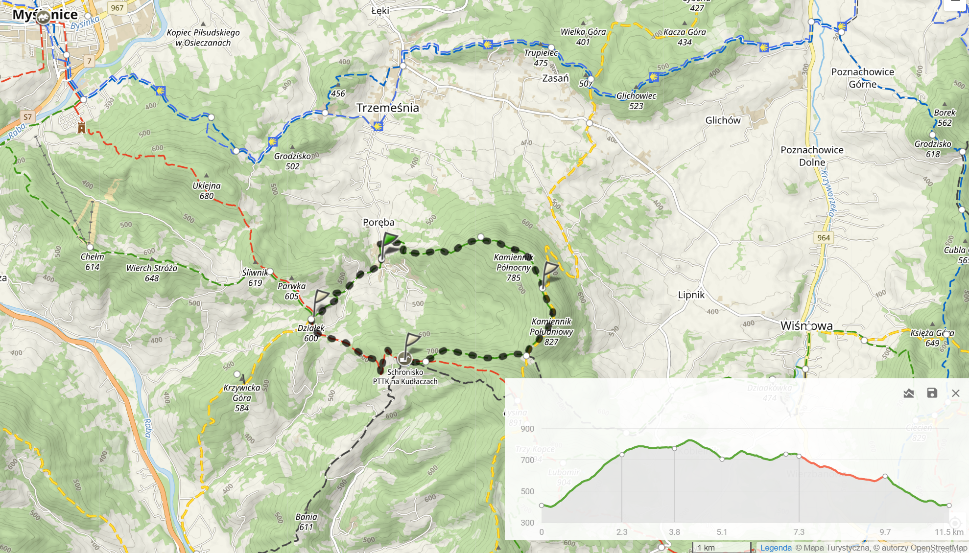 Trasa wycieczki (11,5km, 585m podejść)