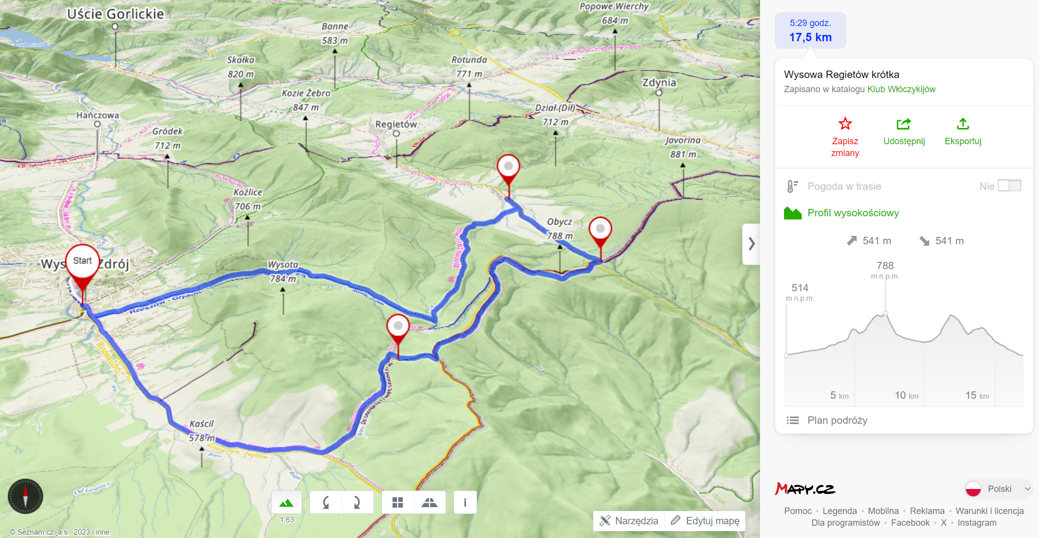 Planowana Trasa wycieczki (17,5km, 541m podejść)