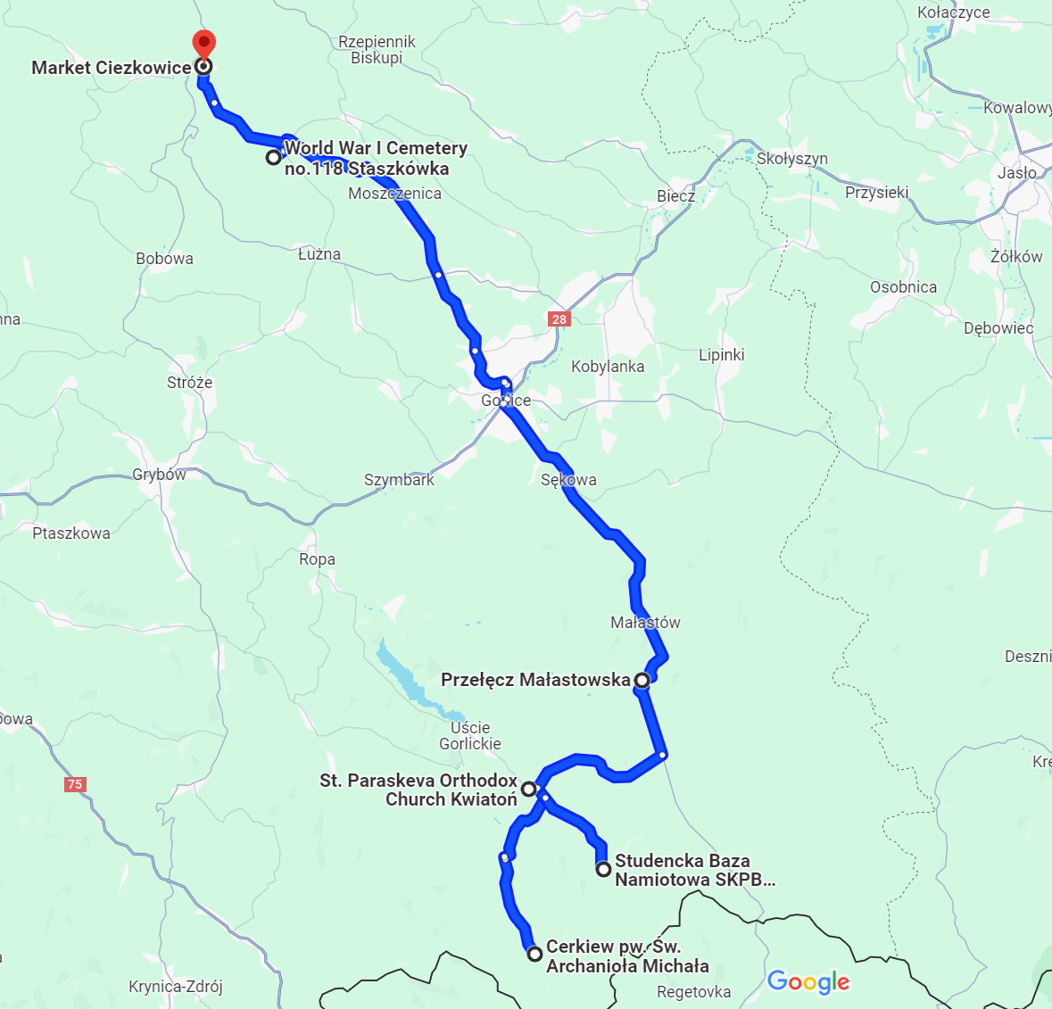 Trasa przejazdu między punktami wycieczki (72km)