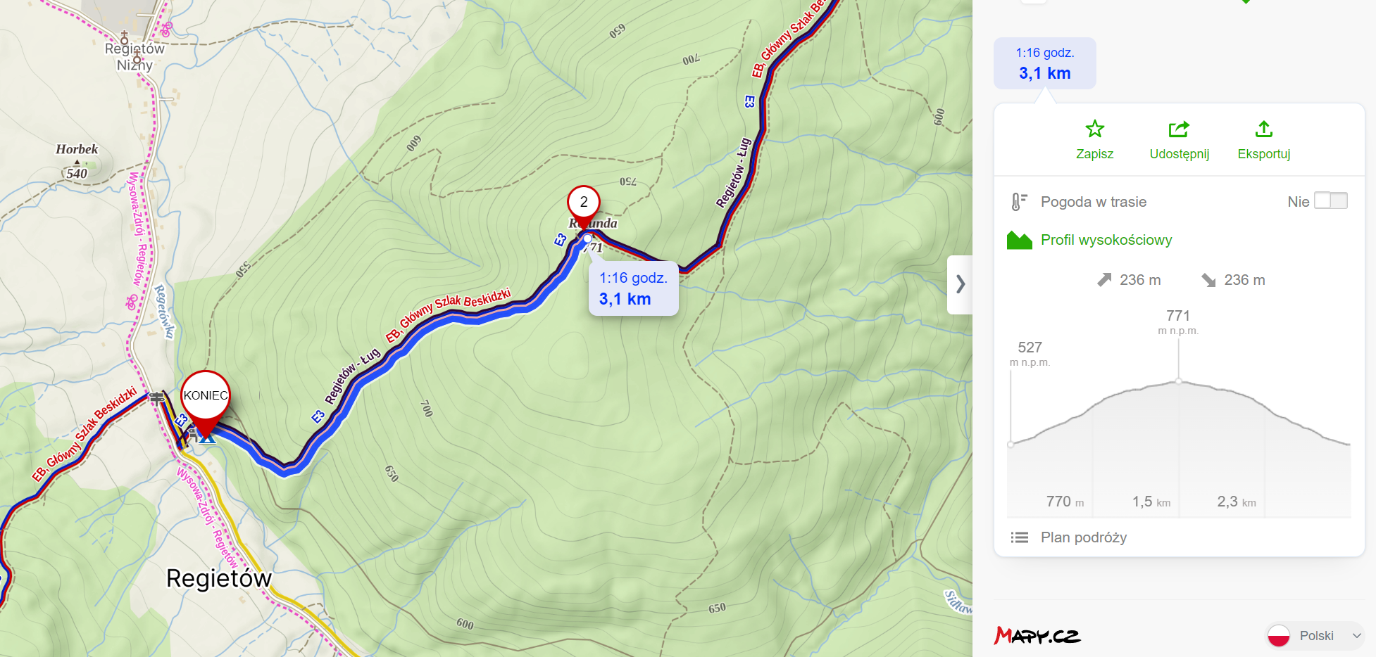 Trasa spaceru (3,1km, 236m podejść)