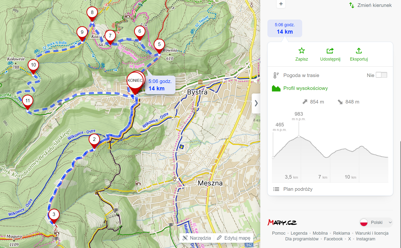 Trasa faktyczna (14km, 854m podejść)