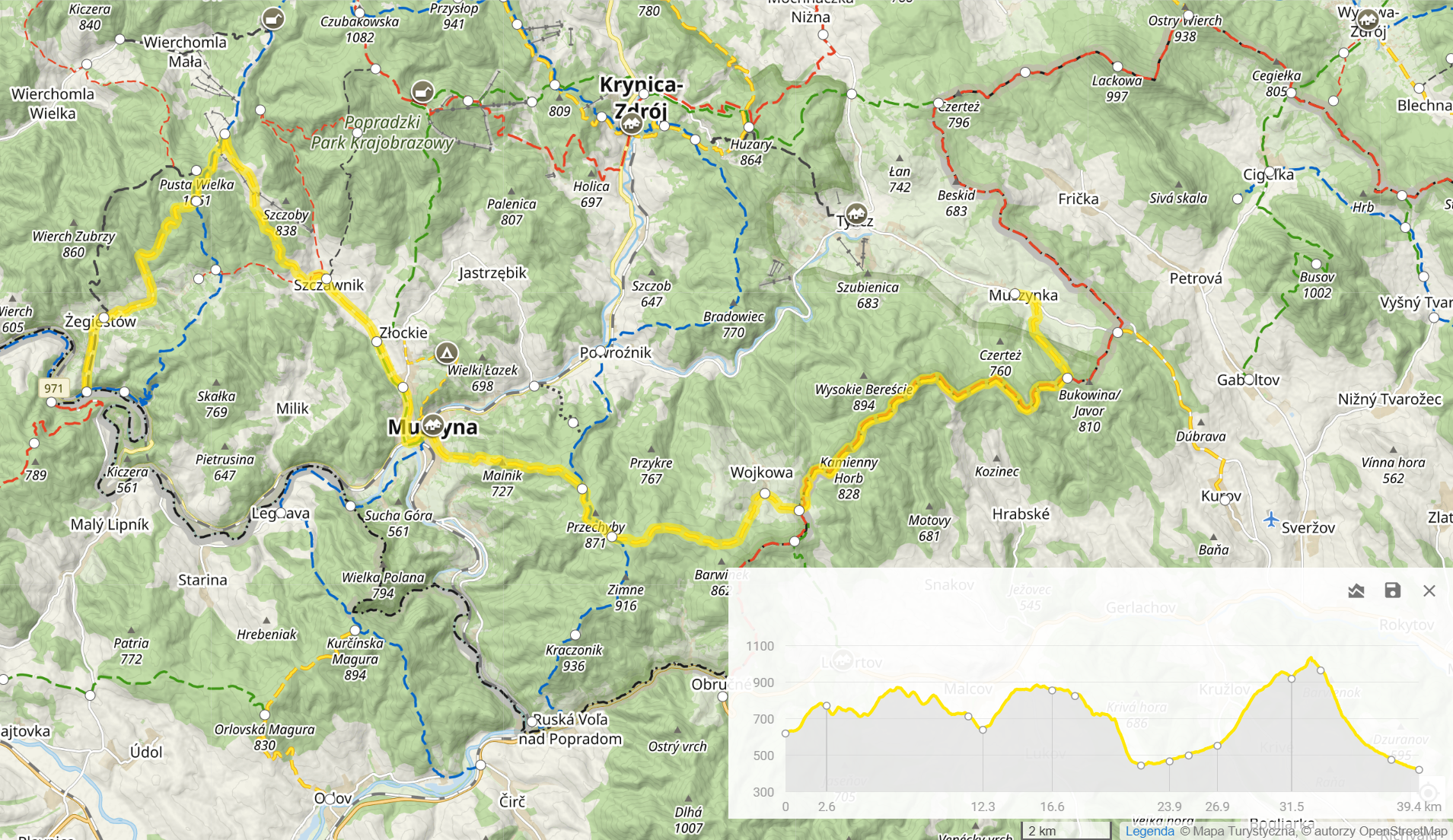 Cały żółty szlak Muszynka - Żegiestów (39,4km, 1425m podejść idąc ze wschodu na zachód)