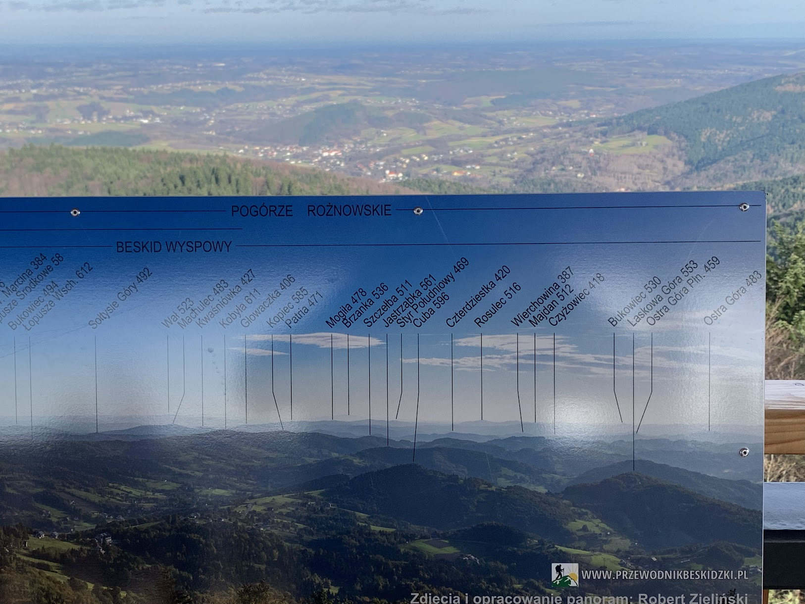 Tabliczka z panoramą w kierunku wschodnim (Pogórze Rożnowskie)