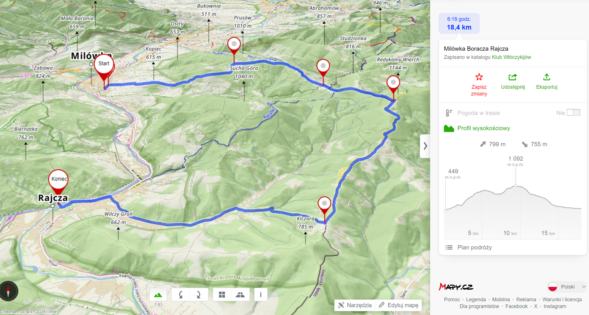 Trasa wycieczki (18,4km, 799m podejść)