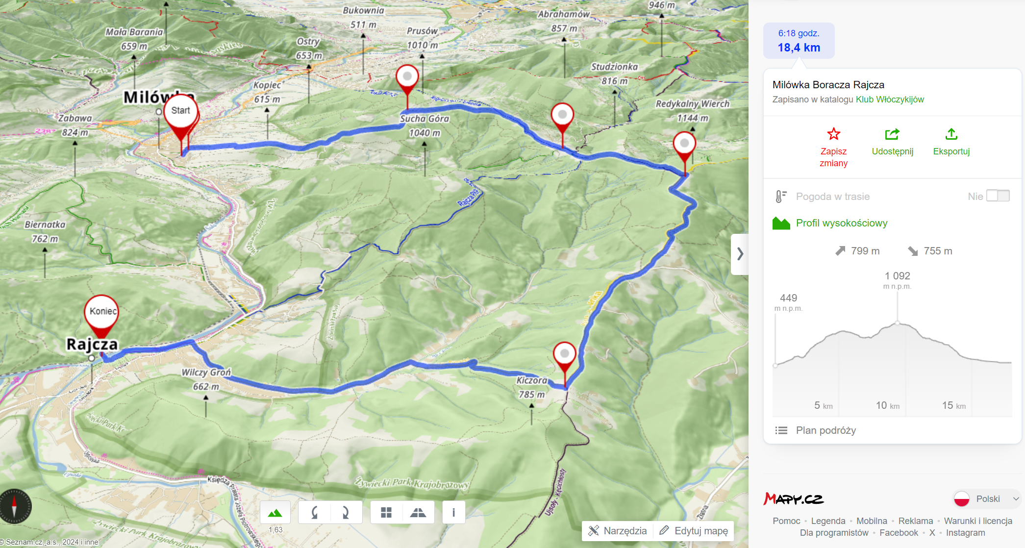 Trasa wycieczki (18,4km, 799m podejść)