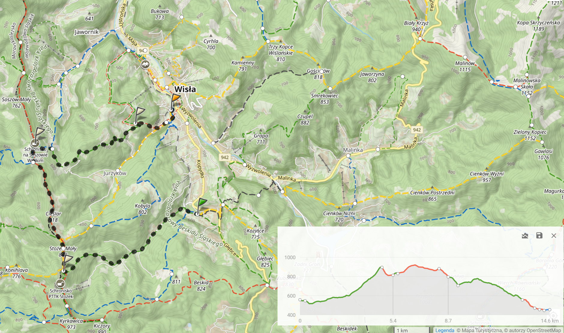 Trasa wycieczki (14,6km i 616m podejść; przejście do stacji Wisła Uzdrowisko to dodatkowe 2,1km)