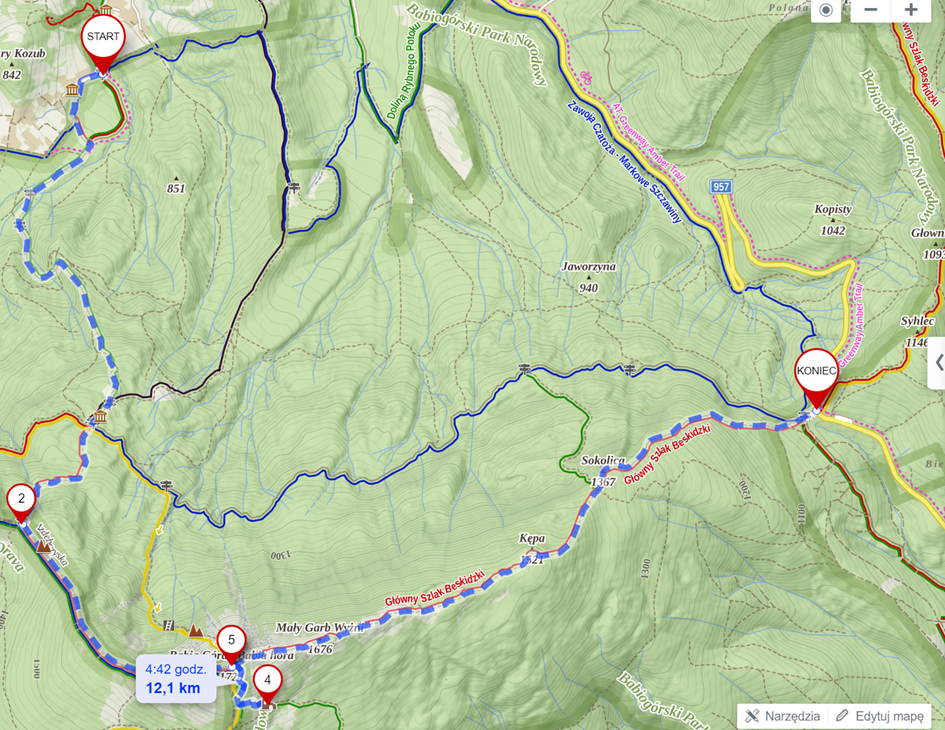 Trasa (12,1km i 1103m podejść)