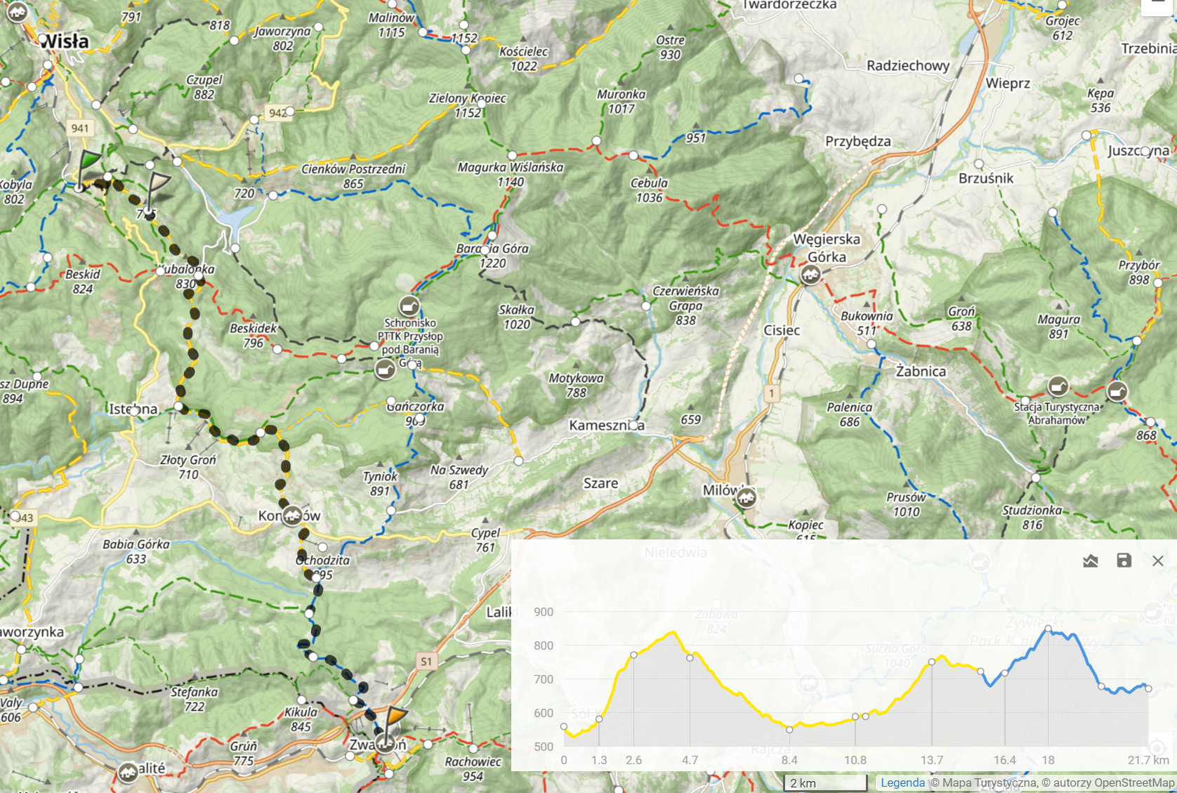 Trasa wycieczki (21,7km, 818m podejść)