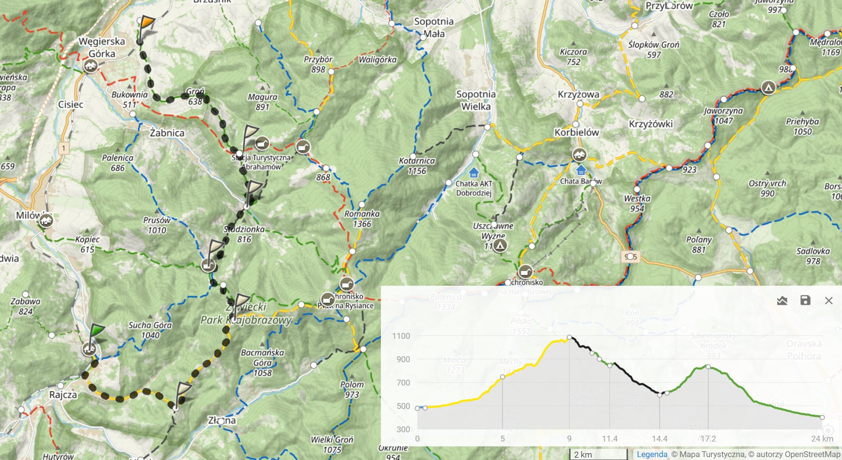 Trasa wycieczki Rajcza - Hala Boracza - Cięcina (24km, 953m podejść)