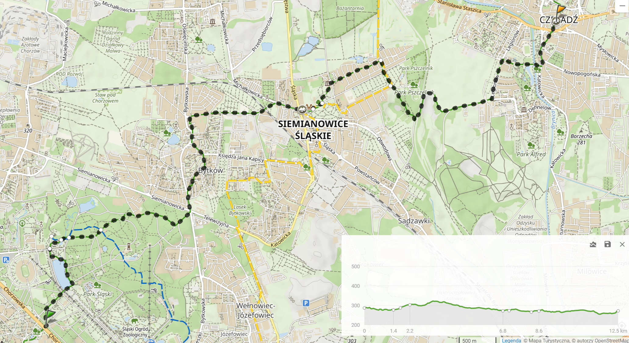 Zielony szlak 25-lecia PTTK, odcinek 1 ”Chorzów Park Śląski - Czeladź Rynek” (12,5km, 118m podejść)