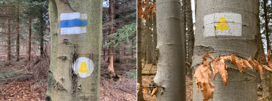 Znakowanie Szlaku Pasterskiego (po lewej - SK, po prawej - PL)