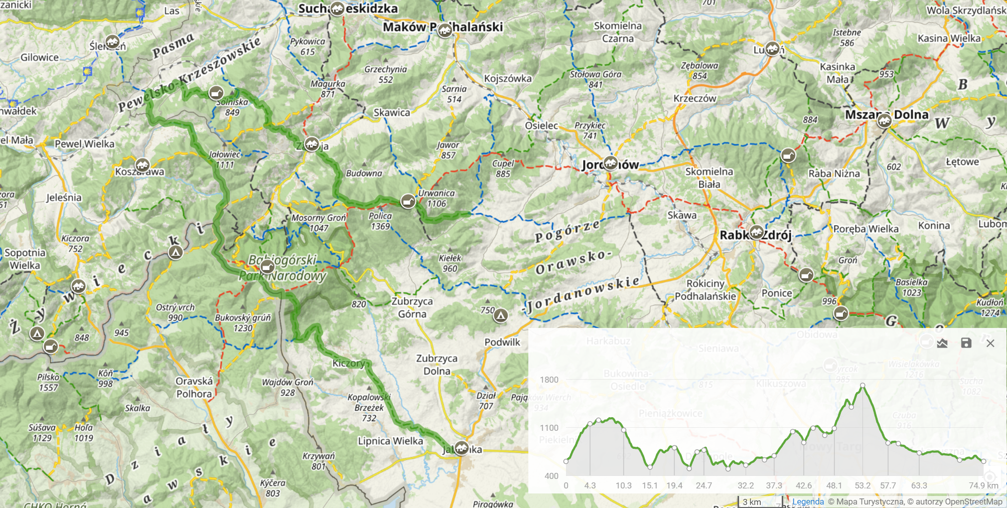 Zielony szlak Sidzina - Jabłonka (74,9km, 3445m podejść)