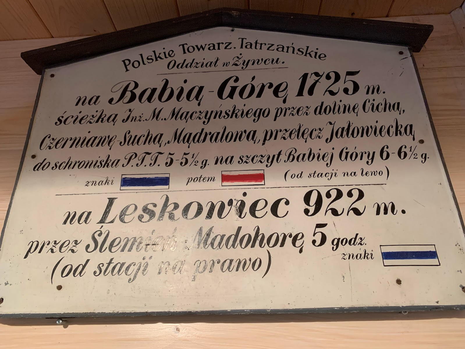 Tabliczka szlakowa z Muzeum Turystki Górskiej przy schronisku na Markowych Szczawinach
