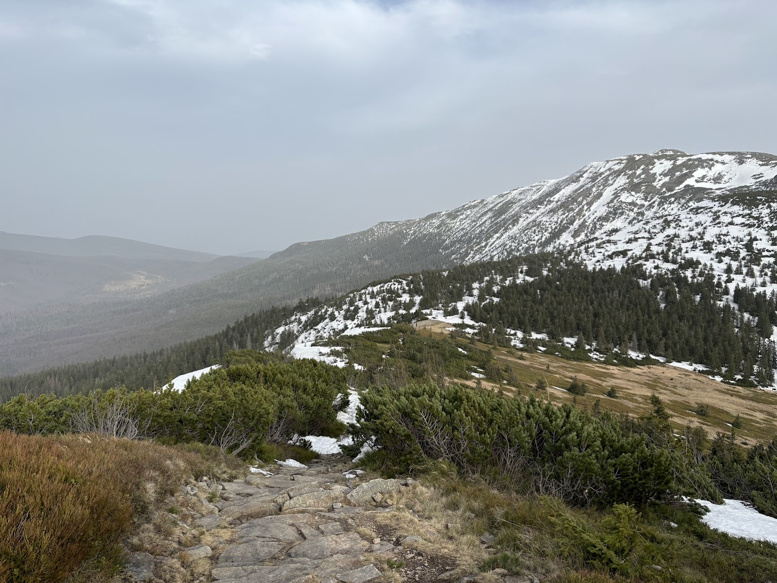 Zejście z Małej Babiej Góry. Po prawej - Babia Góra, a w dole, w samym centrum zdjęcia - przełęcz Brona.