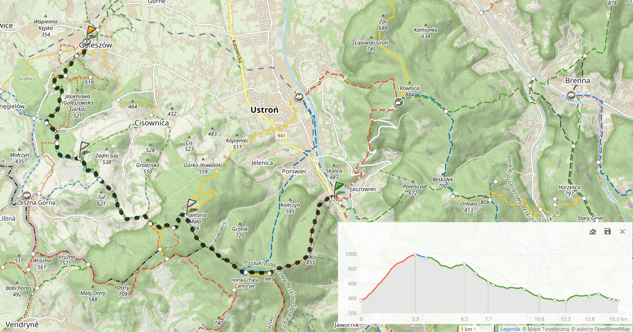 Trasa wycieczki ”Czantoria Wielka i Niespodzianka” (15,5km, 821m podejść)