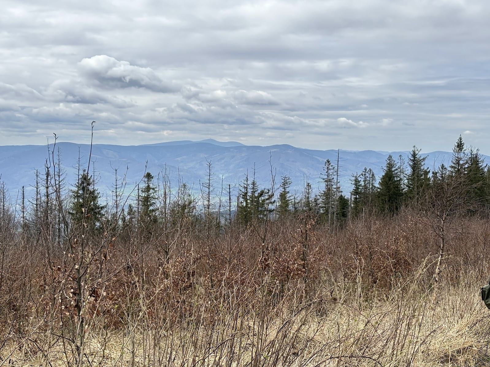 Widok z Czantorii na Beskid Śląsko-Morawski (CZ). W centrum, na najdalszym planie najwyższy szczyt to Lysá hora (1324m n.p.m.)