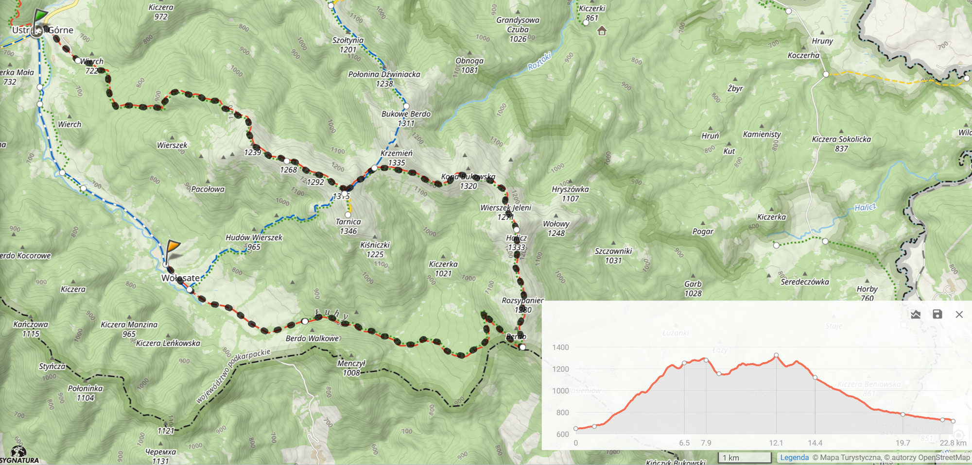 Przerwany Główny Szlak Beskidzki, odcinek 19: Ustrzyki Górne - Wołosate (22,8km, 978m podejść). Mapa nie uwzględnia wejścia na Tarnicę.