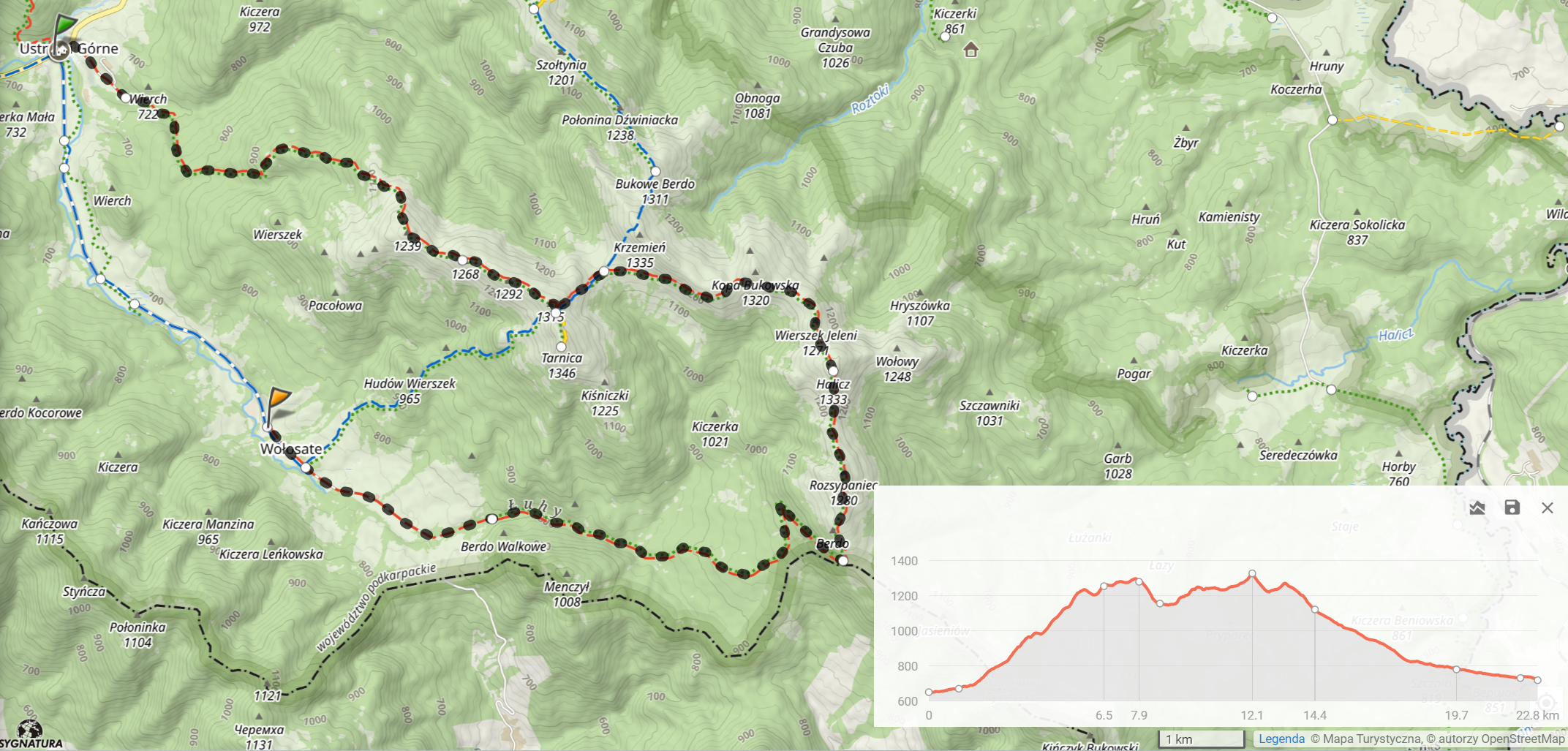 Przerwany Główny Szlak Beskidzki, odcinek 19: Ustrzyki Górne - Wołosate (22,8km, 978m podejść). Mapa nie uwzględnia wejścia na Tarnicę.