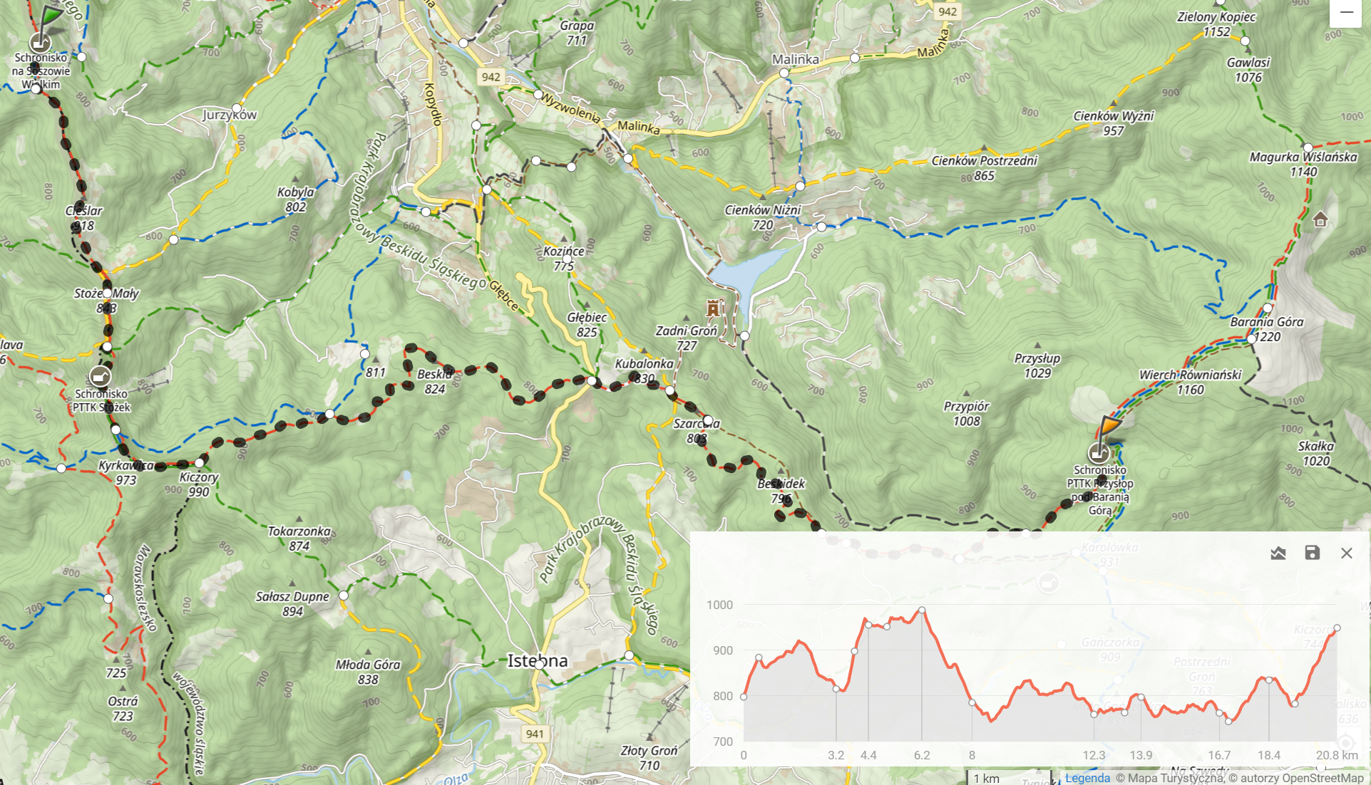 Główny Szlak Beskidzki 2024 - Dzień 2: ”Soszów - Przysłop pod Baranią Górą” (20,8km i 865m podejść). Nocleg: Schronisko PTTK na Przysłupiu 