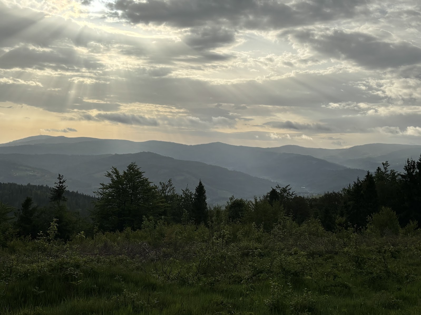 Widok na pasmo Baraniej Góry (dalszy plan, po prawej), aż po Skrzyczne (skrajnie po lewej). Pasmo bliżej, to Trzy Kopce Wiślańskie i Smerekowiec