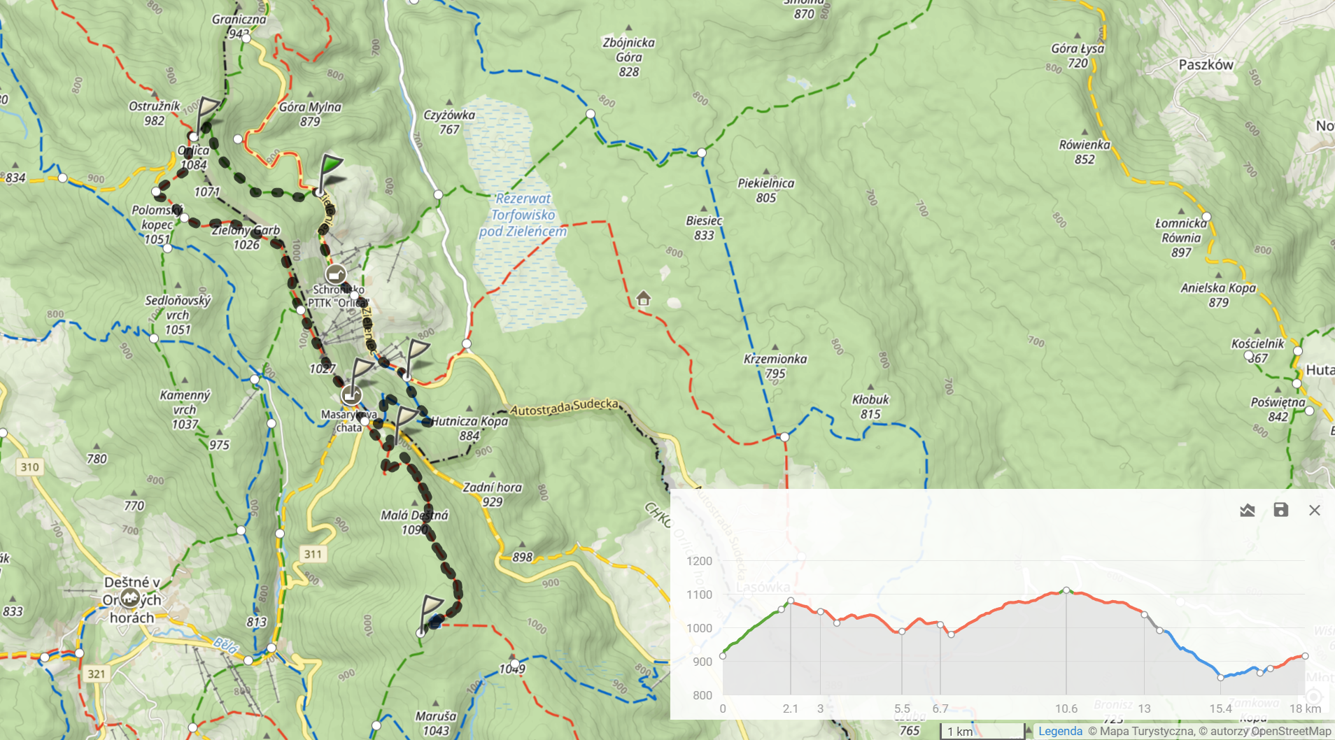 Trasa 1 (Orlica i Velká Deštná). 18km i 461m podejść.