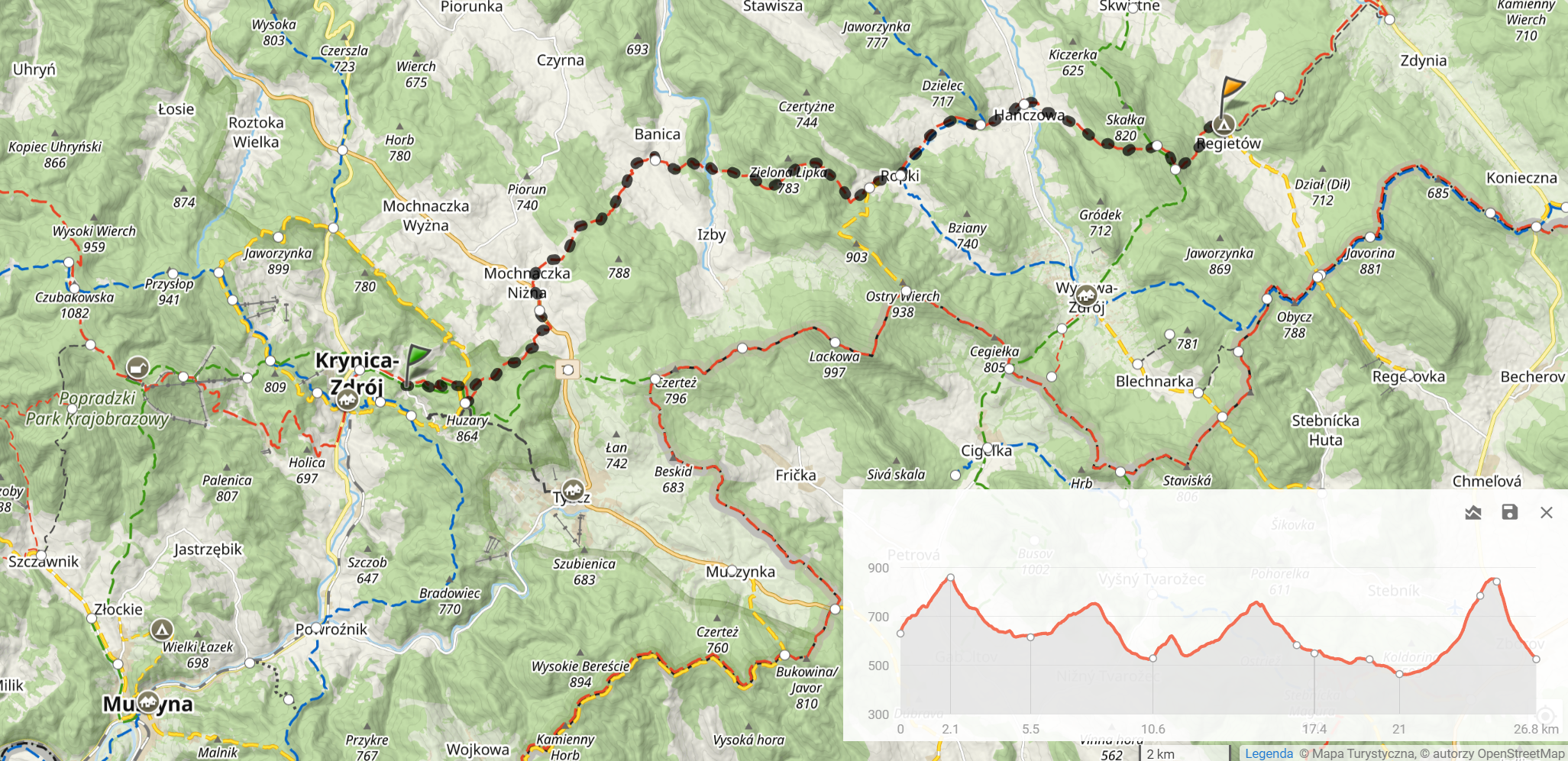 Główny Szlak Beskidzki 2024 - Dzień 10: ”Krynica-Zdrój - Regietów” (26,8km i 1131m podejść). Nocleg: ”Hotel Jaśmin”, (na terenie stadniny koni w Regietowie; dodatkowe 1600m dojścia od szlaku)