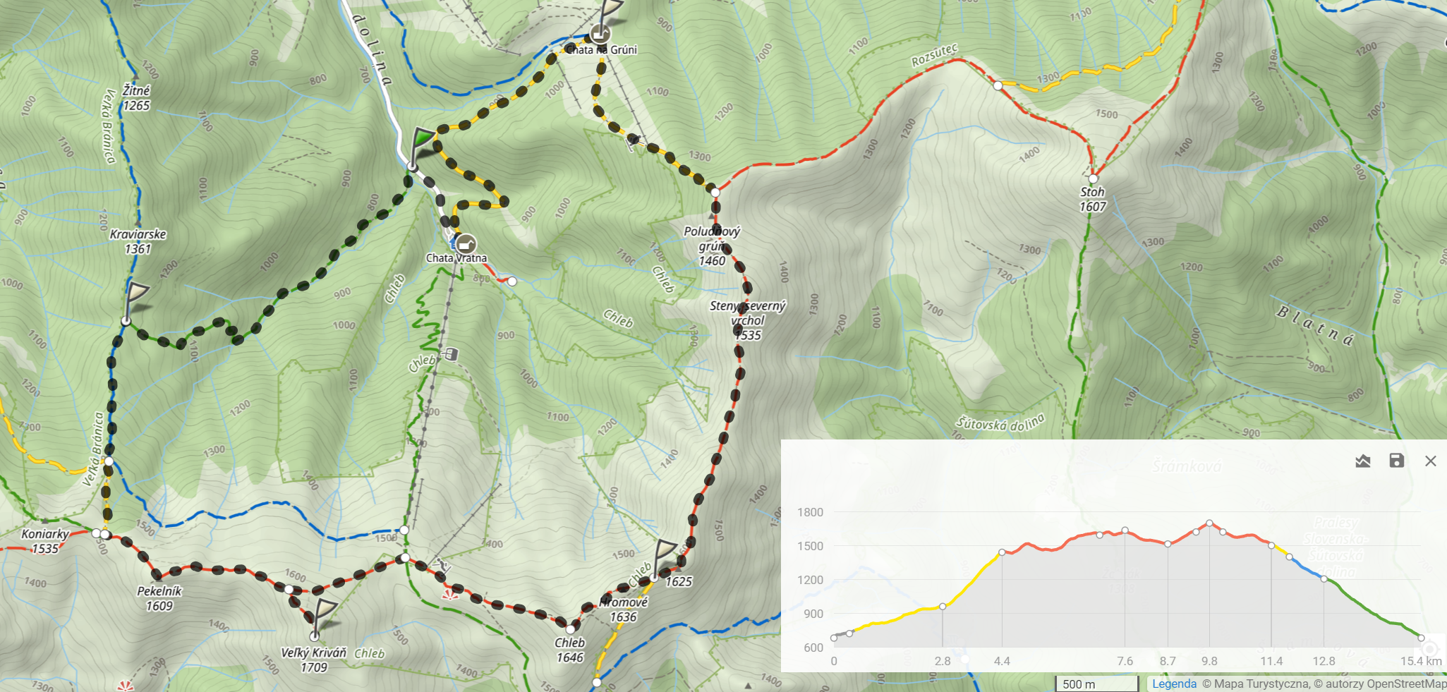 Trasa na dzień 1 (Wielki Krywań); 15,4km i 1299m podejść.