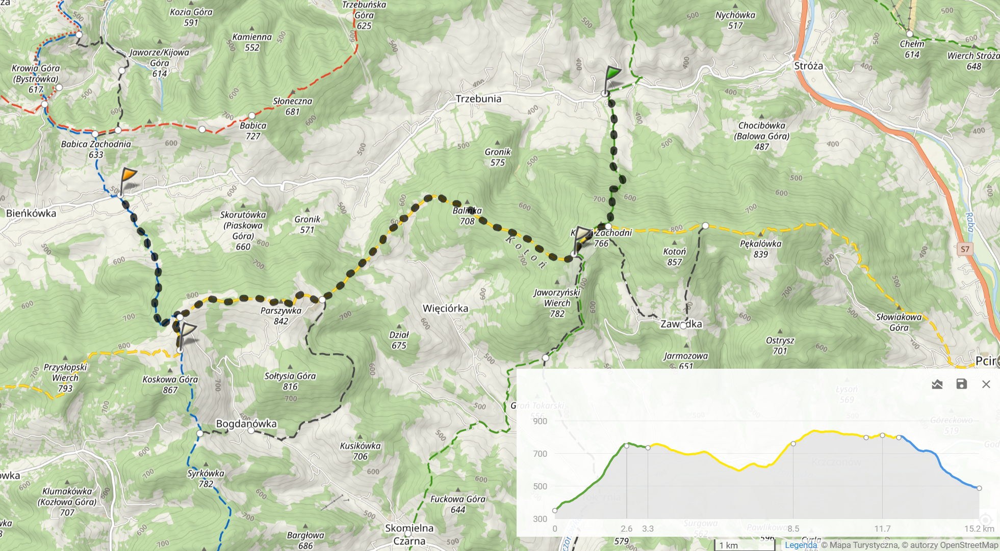 Trasa wycieczki (15,2km, 758m podejść)