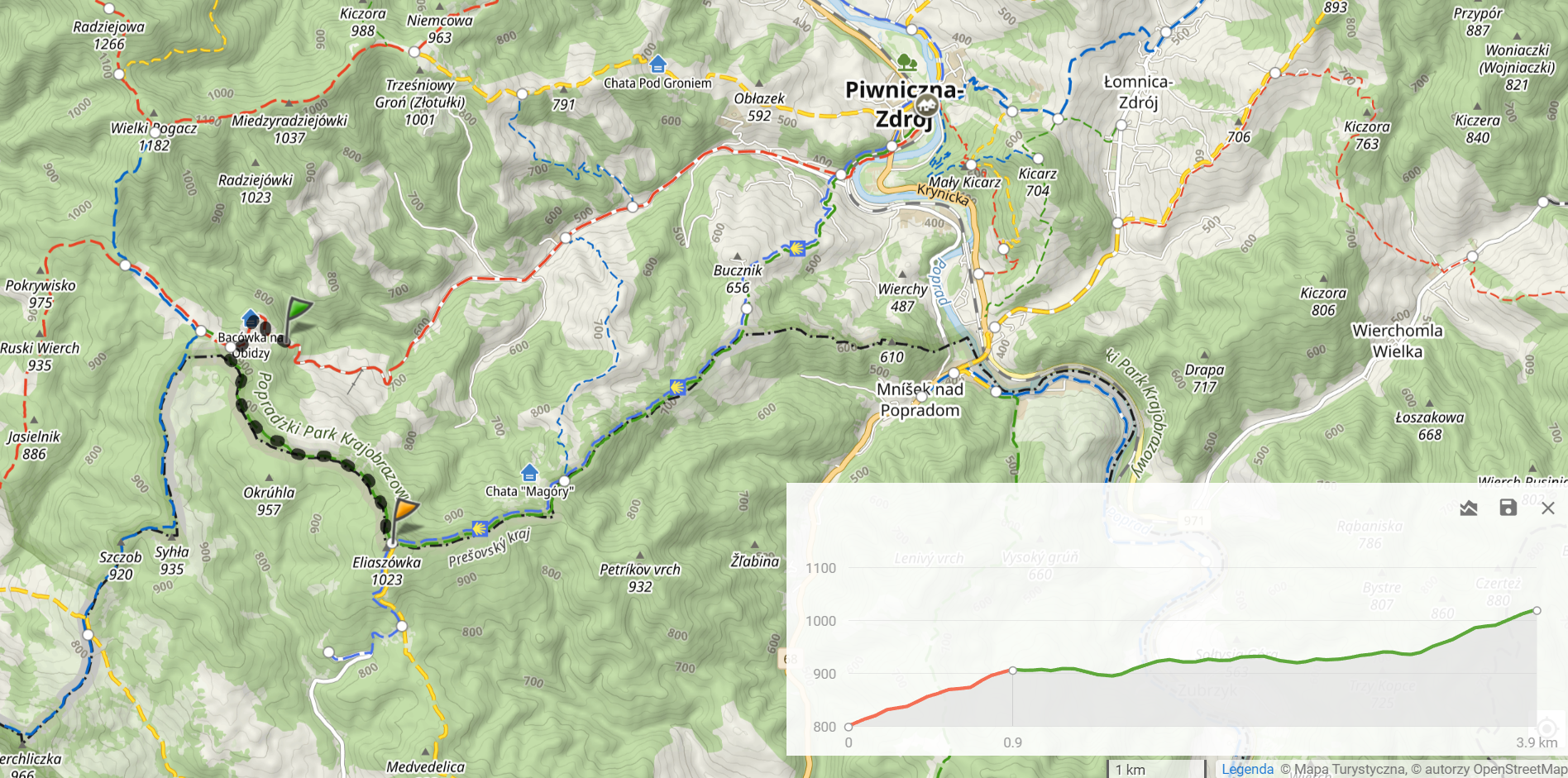 Trasa podejścia z parkingu na Eliaszówkę (3,9km, 253m podejść). Powrót tą samą trasą.