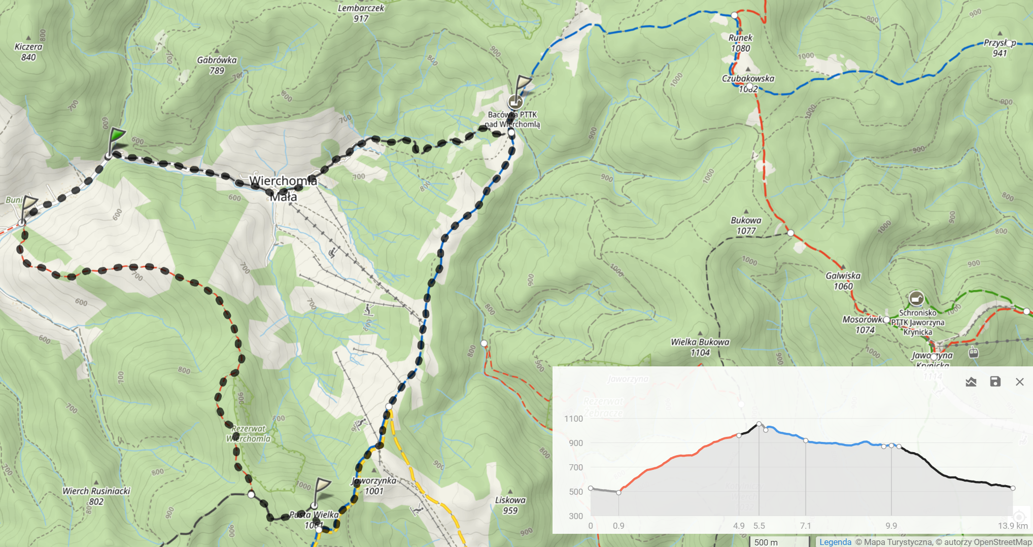 Trasa wycieczki ”Zimowa Bacówka nad Wierchomlą” (13,9km, 661m podejść)