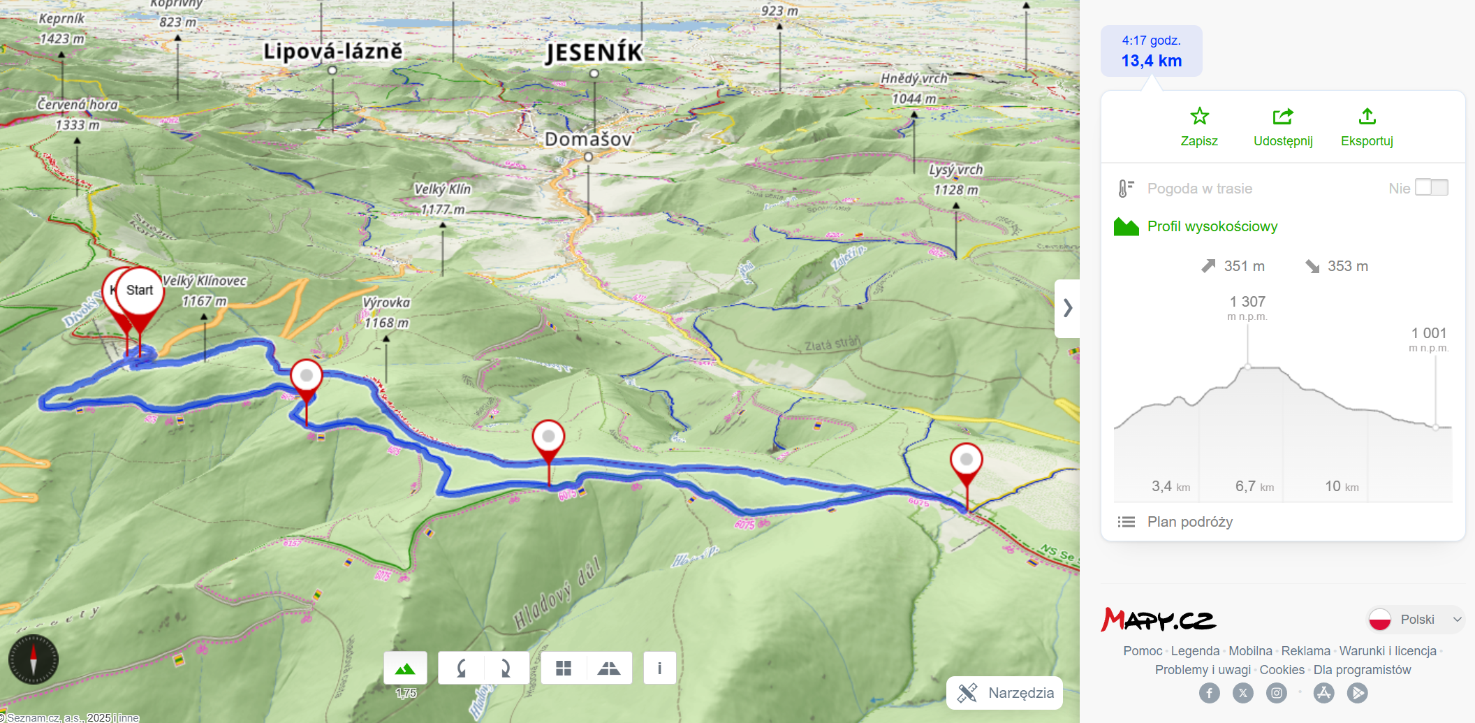 Trasa wycieczki (13,4km, 351m podejść)