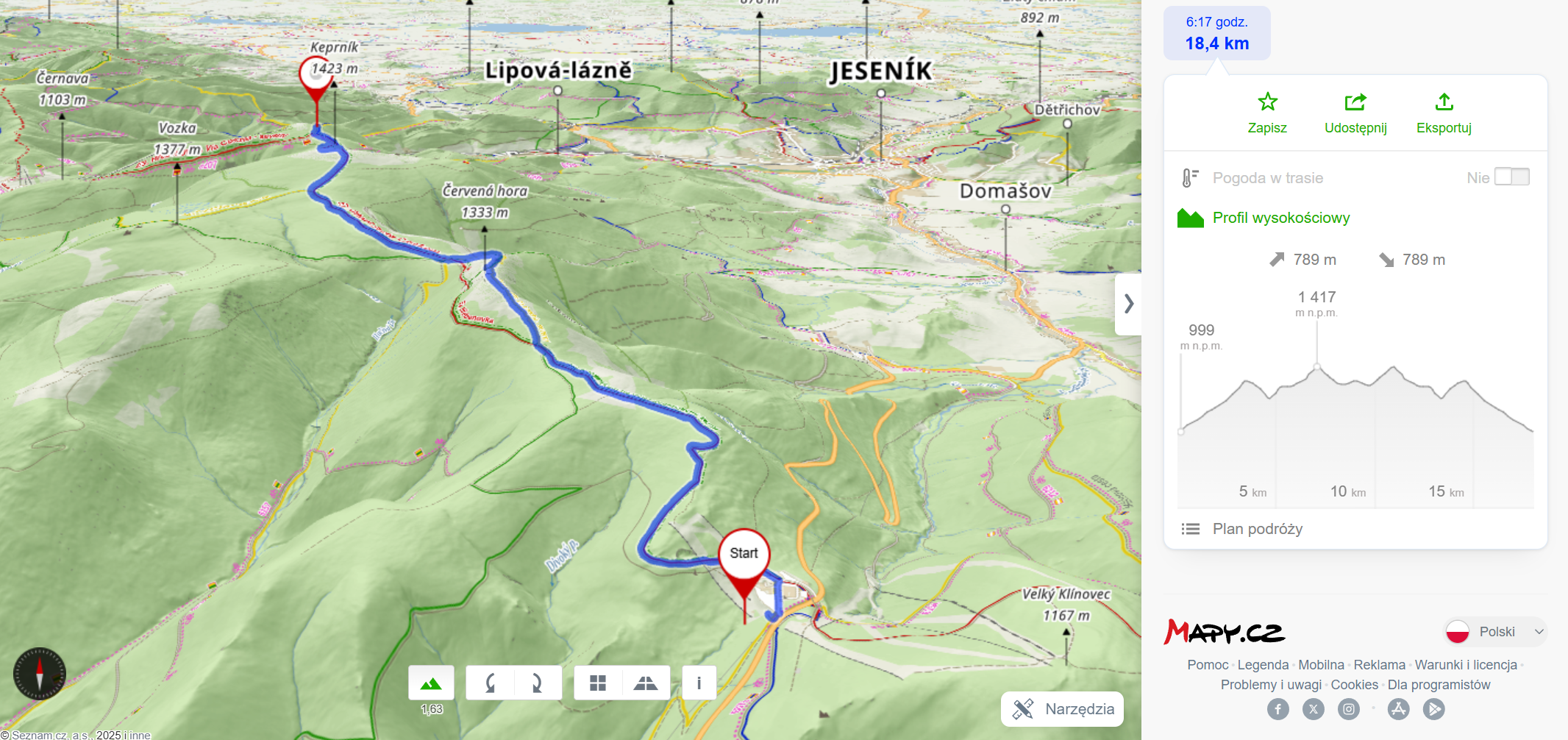 Trasa wycieczki (18,4km, 769m podejść)