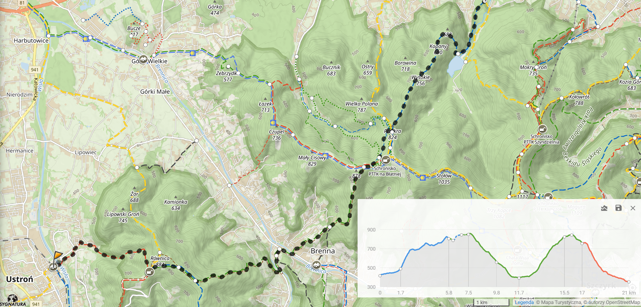 Północny skraj Beskidu Śląskiego - trasa wycieczki (21km, 990m podejść)