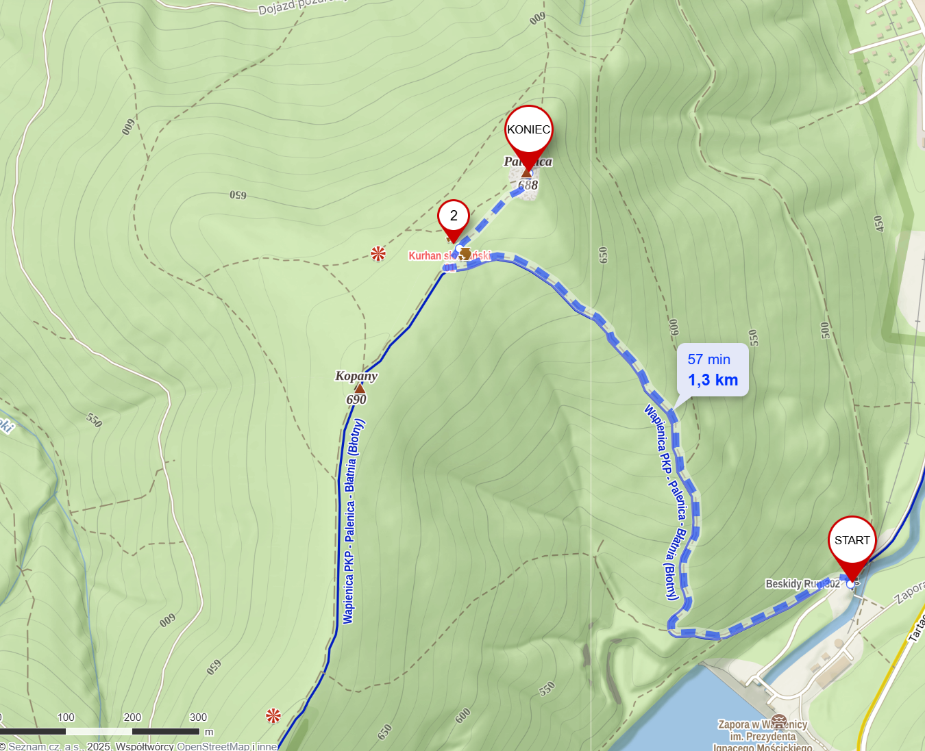 Kamienne kopce i grodzisko na Palenicy. Mapa pokazuje położenie na szlaku z Wapienicy do schroniska na Błatniej