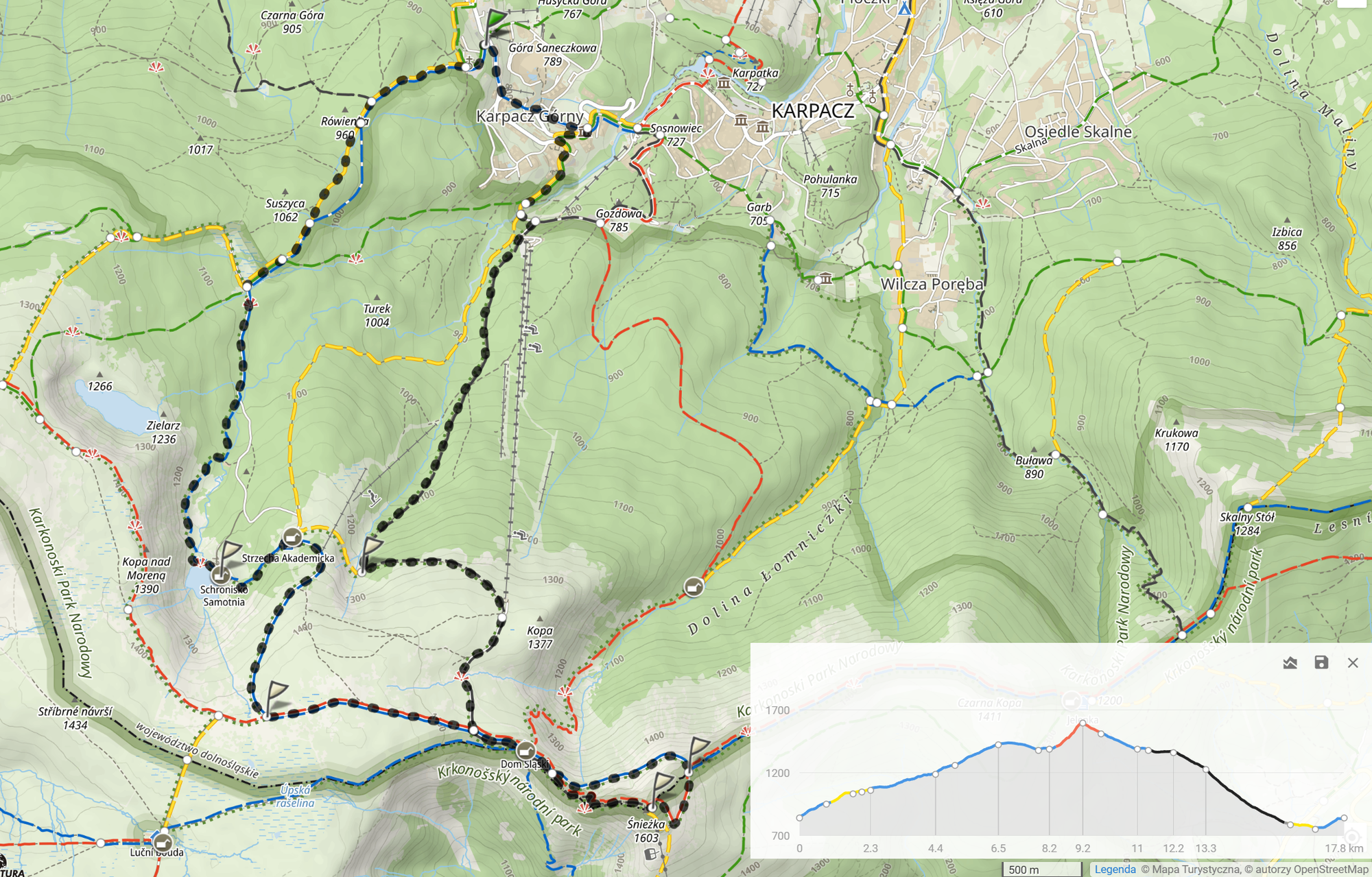 Trasa wycieczki (17,8km; 933m podejść)