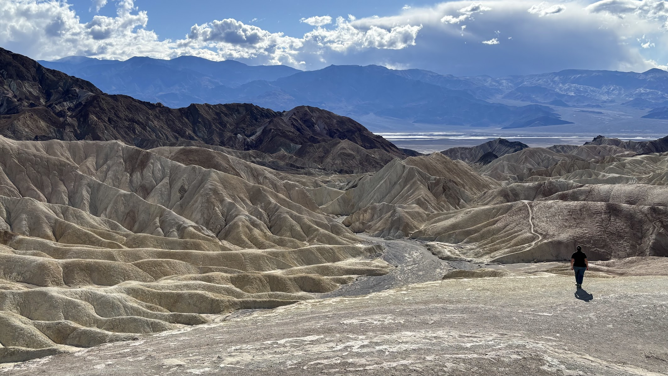 Zabriskie Point (foreground), with view of Death Valley (center, flat area) and Panamint Mts (background)